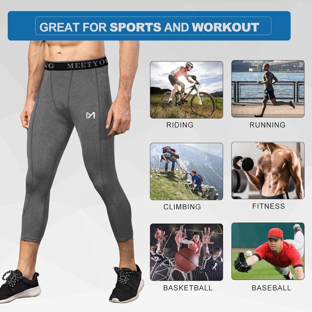 NWT  MEETYOO Men's 3/4 Compression Pants Leggings Tights Size Large/Grey